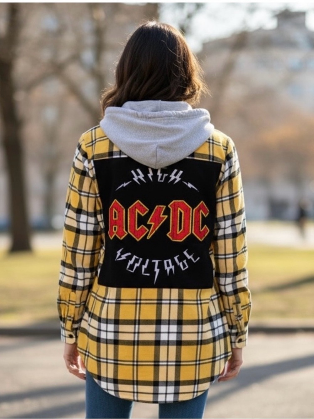 Upcycled Yellow Plaid Hooded Flannel Shirt with AC/DC Back Patch Women’s Medium